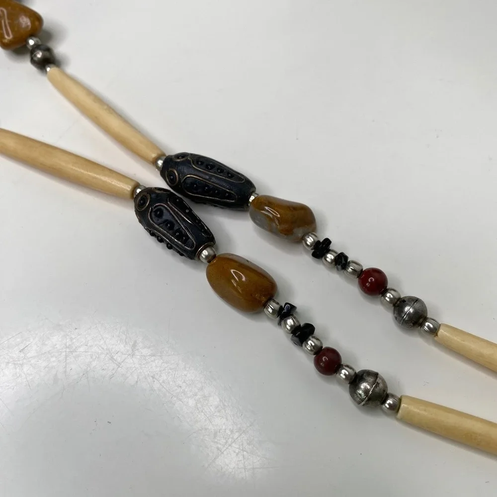Nine West Boho‎ Statement Beaded Belt/Long Necklace Stone Silver Tone  33-40
